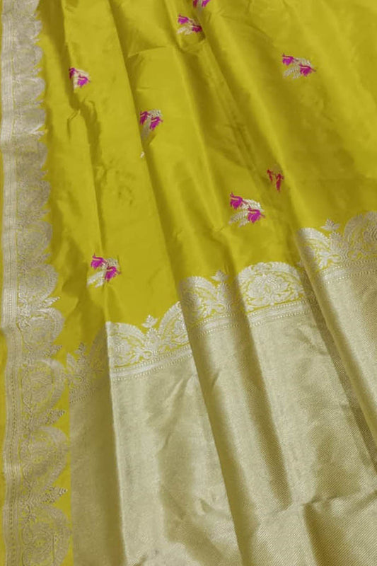 Yellow Banarasi Handloom Pure Katan Silk Saree - Luxurion World