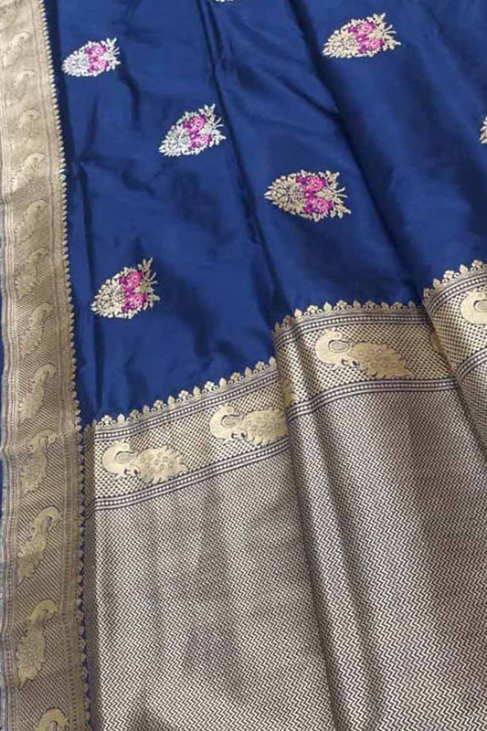 Blue Banarasi Handloom Pure Katan Silk Saree - Luxurion World
