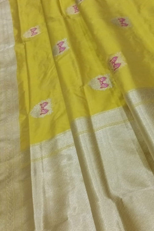 Yellow Banarasi Handloom Pure Katan Silk Saree - Luxurion World