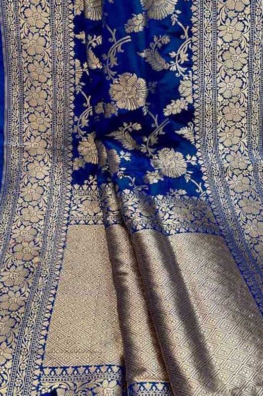 Blue Banarasi Handloom Pure Katan Silk Saree - Luxurion World