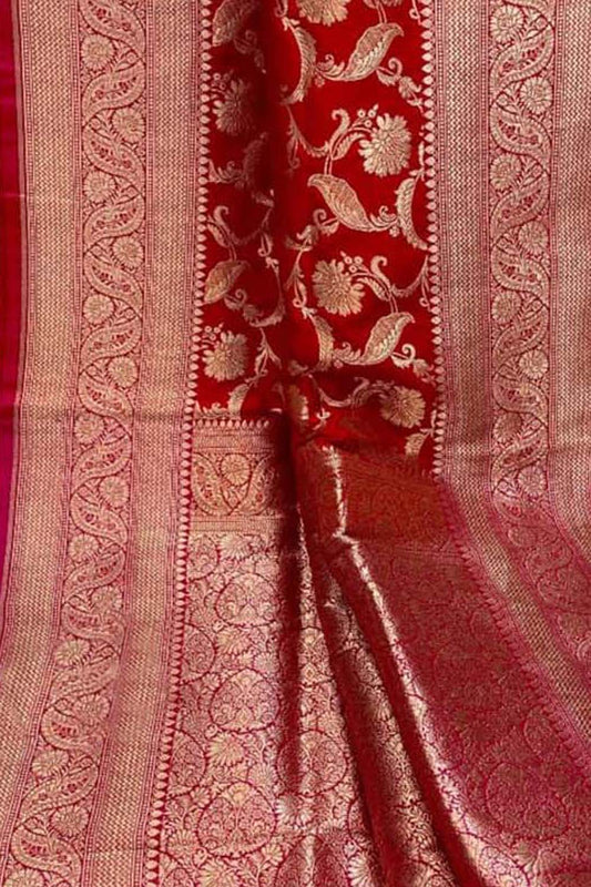 Red Banarasi Handloom Pure Katan Silk Saree - Luxurion World