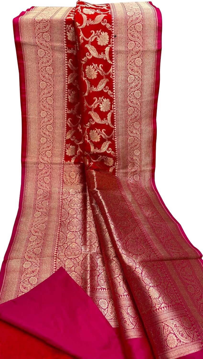 Red Banarasi Handloom Pure Katan Silk Saree - Luxurion World