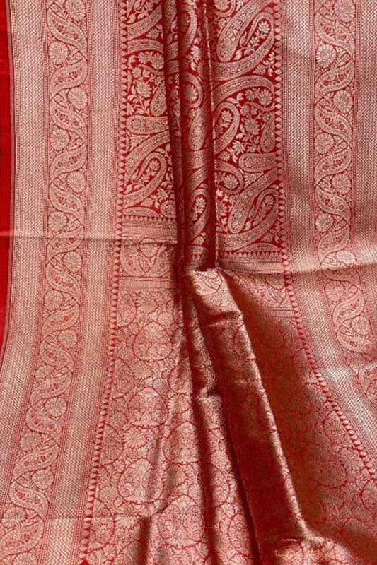 Red Banarasi Handloom Pure Katan Silk Saree - Luxurion World