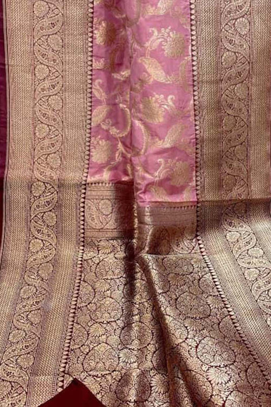 Pink Banarasi Handloom Pure Katan Silk Saree - Luxurion World