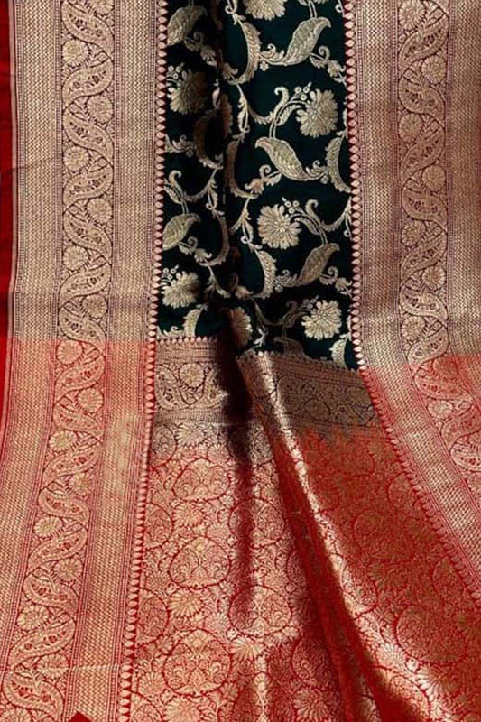 Green Banarasi Handloom Pure Katan Silk Saree - Luxurion World