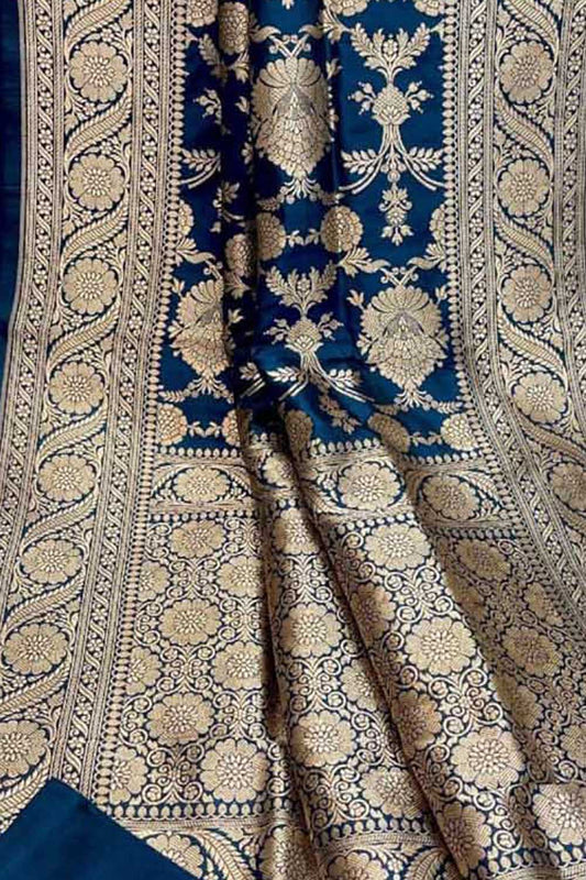 Blue Banarasi Handloom Pure Katan Silk Saree - Luxurion World