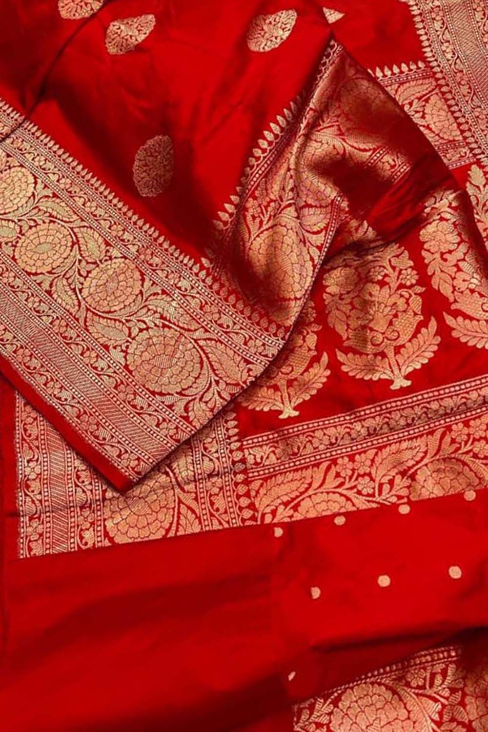 Red Banarasi Handloom Pure Katan Silk Saree - Luxurion World