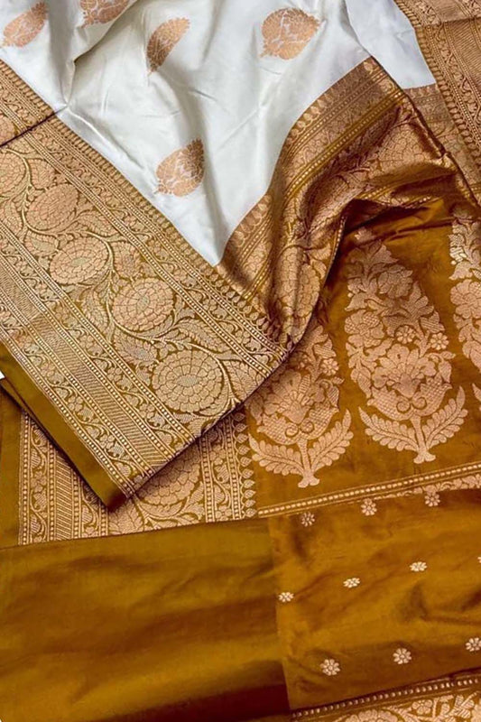 Off White Banarasi Handloom Pure Katan Silk Saree - Luxurion World