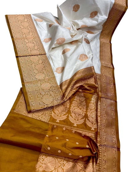 Off White Banarasi Handloom Pure Katan Silk Saree - Luxurion World