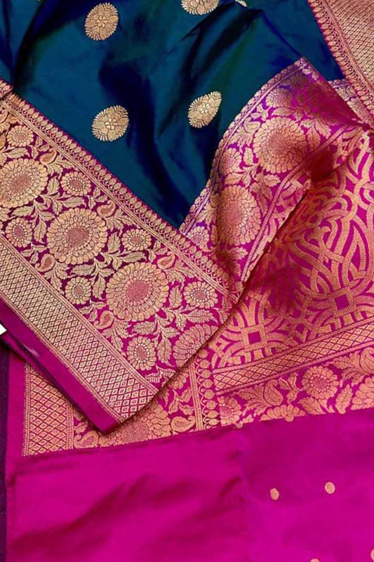 Blue Banarasi Handloom Pure Katan Silk Saree - Luxurion World