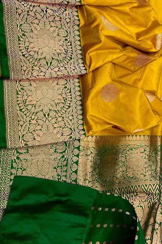 Yellow Banarasi Handloom Pure Katan Silk Saree - Luxurion World