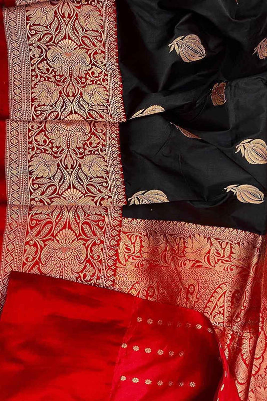 Black Banarasi Handloom Pure Katan Silk Saree - Luxurion World