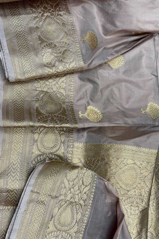 Grey Banarasi Handloom Pure Katan Silk Saree - Luxurion World