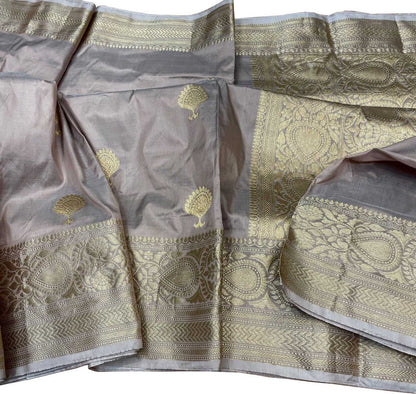 Grey Banarasi Handloom Pure Katan Silk Saree - Luxurion World