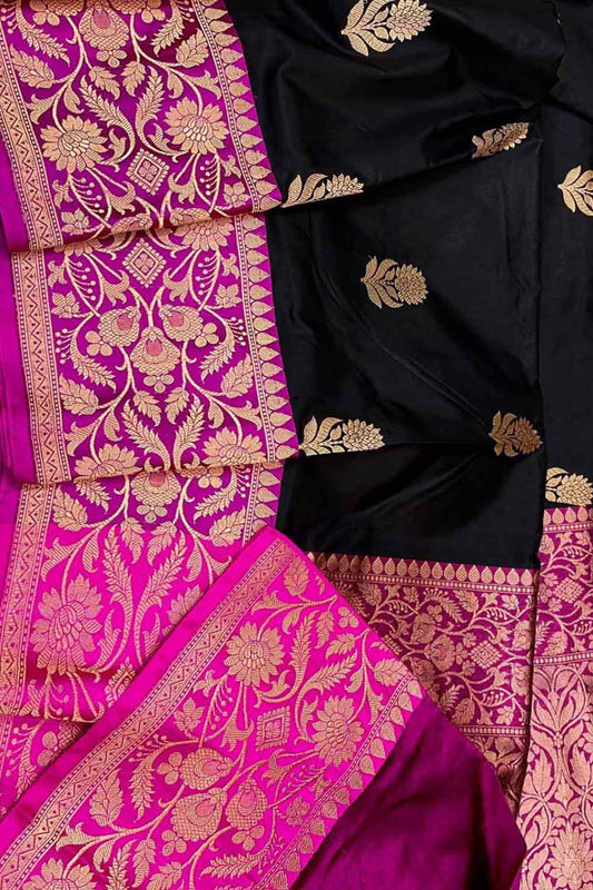 Black Banarasi Handloom Pure Katan Silk Saree - Luxurion World