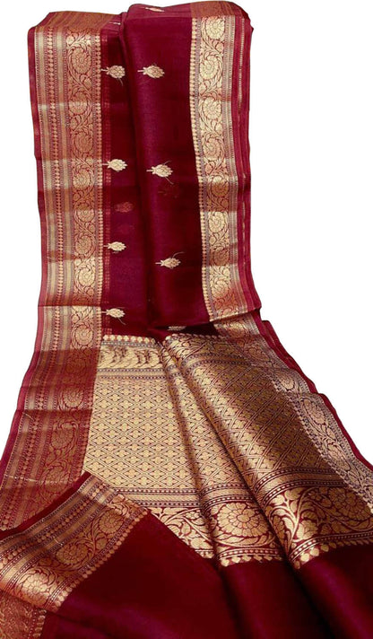 Maroon Banarasi Handloom Pure Kora Silk Saree - Luxurion World