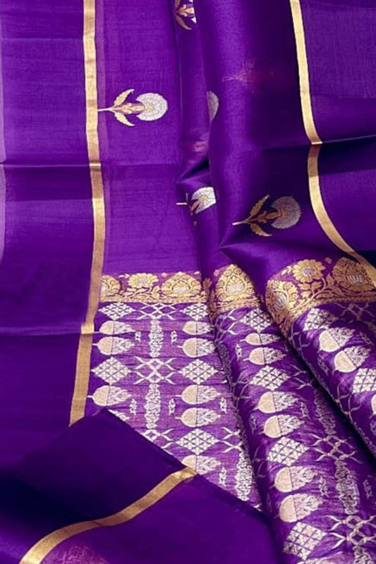 Purple Banarasi Handloom Pure Kora Silk Saree - Luxurion World