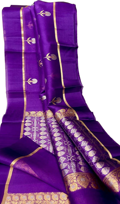 Purple Banarasi Handloom Pure Kora Silk Saree - Luxurion World