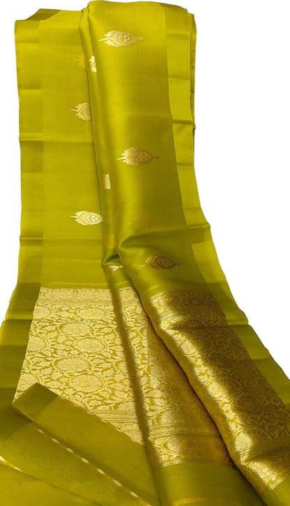 Green Banarasi Handloom Pure Kora Silk Saree - Luxurion World