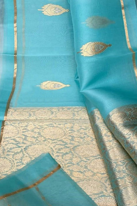 Blue Banarasi Handloom Pure Kora Silk Saree - Luxurion World