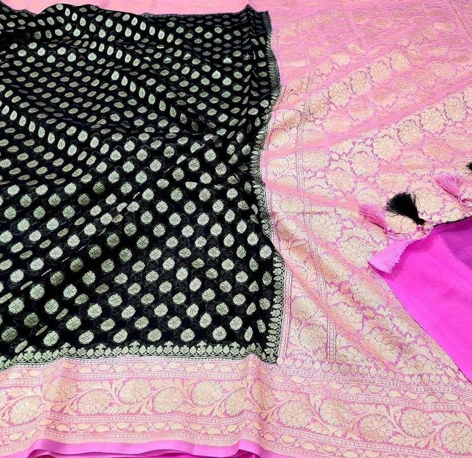 Black Handloom Banarasi Khaddi Georgette Saree - Luxurion World