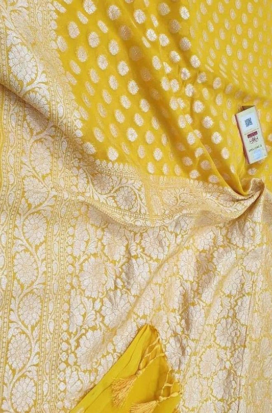 Yellow Handloom Banarasi Khaddi Georgette Saree - Luxurion World