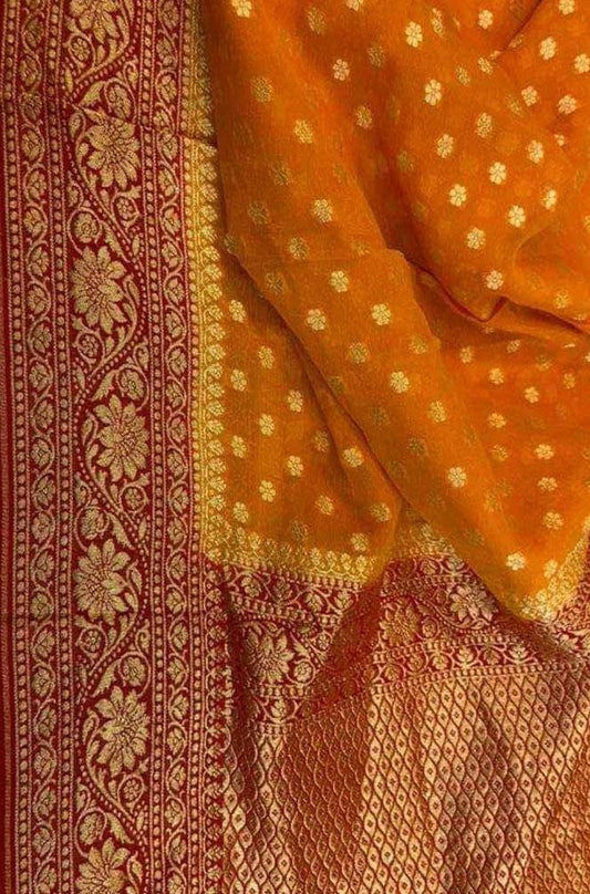 Orange Handloom Banarasi Khaddi Georgette Saree - Luxurion World