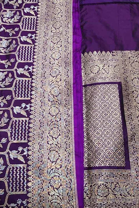Purple Banarasi Handloom Pure Katan Silk Saree - Luxurion World