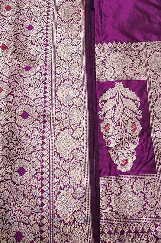Purple Banarasi Handloom Pure Katan Silk Saree - Luxurion World