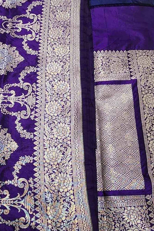Purple Banarasi Handloom Pure Katan Silk Saree - Luxurion World