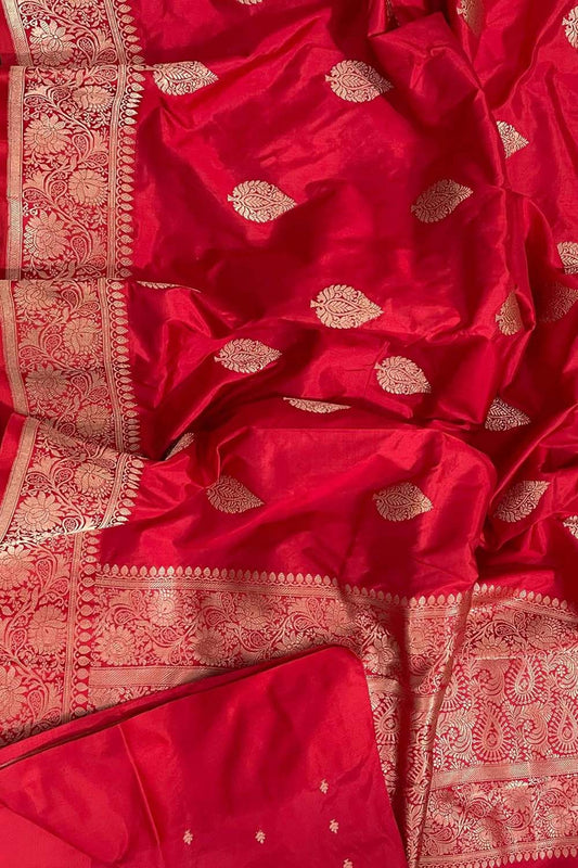 Elegant Red Banarasi Silk Saree: Timeless Beauty in Pure Katan