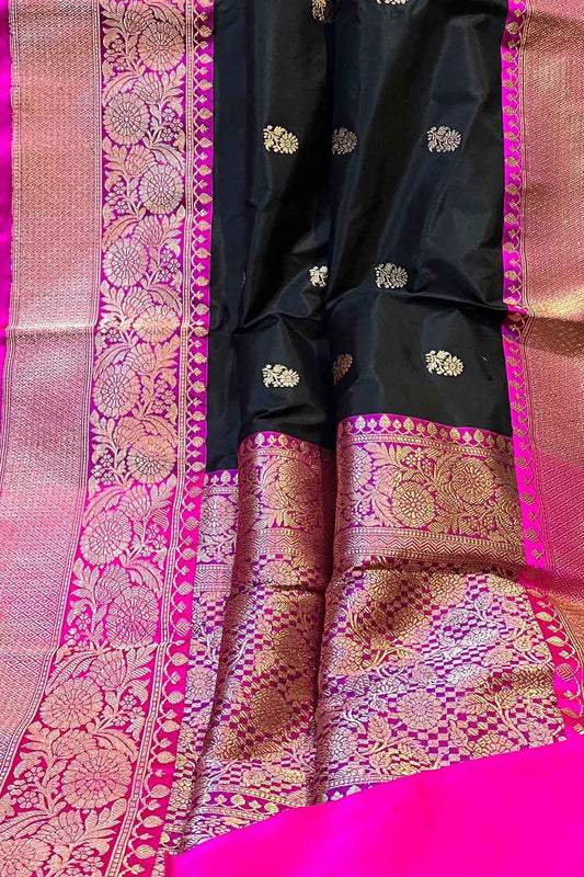 Elegant Black Banarasi Silk Saree: Handloom Pure Katan - Luxurion World