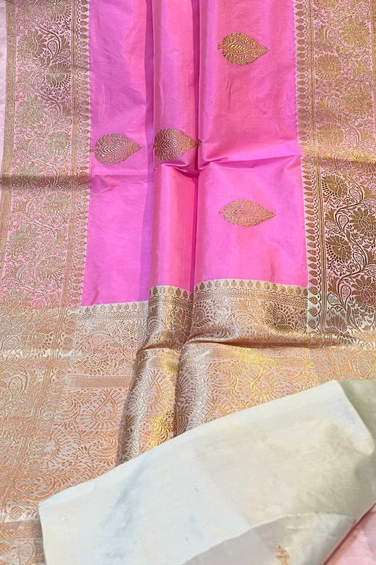 Exquisite Pink Banarasi Silk Saree - Handloom Katan - Luxurion World