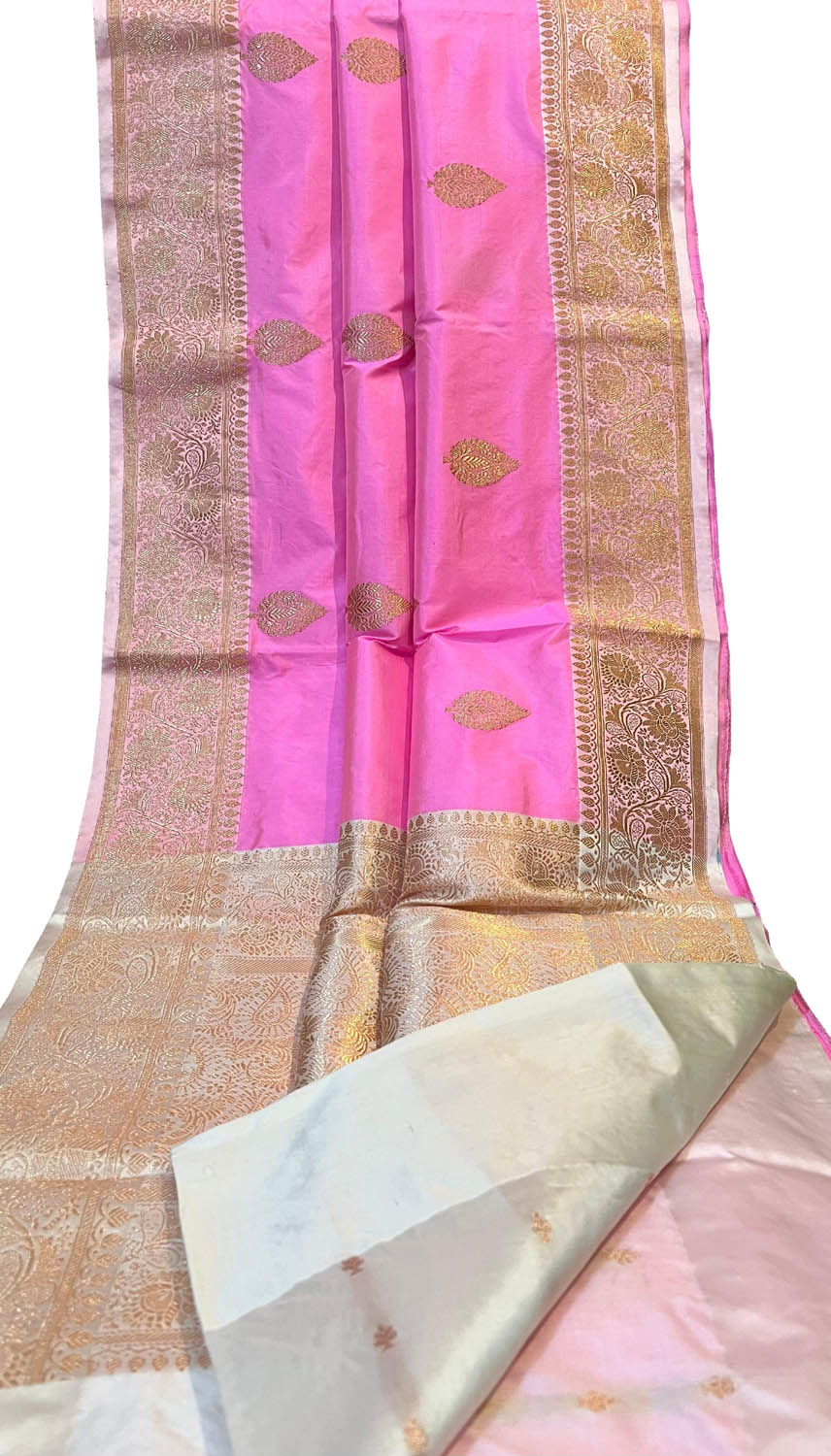Exquisite Pink Banarasi Silk Saree - Handloom Katan - Luxurion World