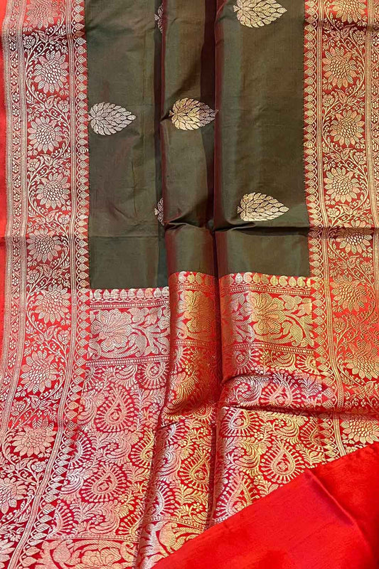 Exquisite Green Banarasi Silk Saree - Handloom Katan - Luxurion World