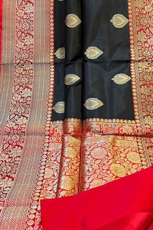 Elegant Black Banarasi Silk Saree: Handloom Pure Katan - Luxurion World