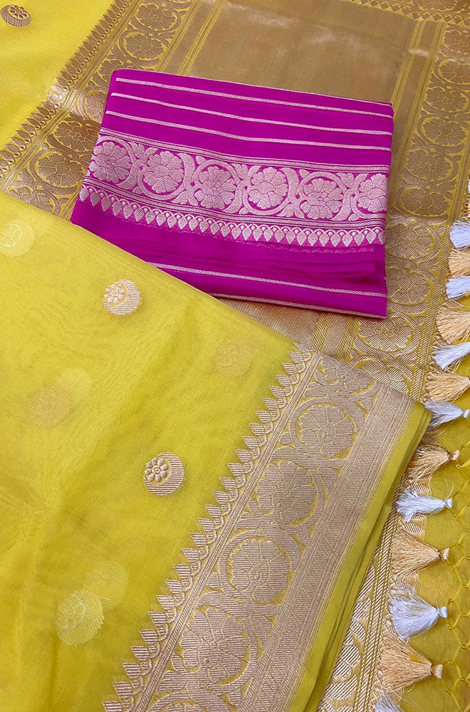 Yellow Handloom Banarasi Pure Kora Silk Chand Boota Design Saree - Luxurion World