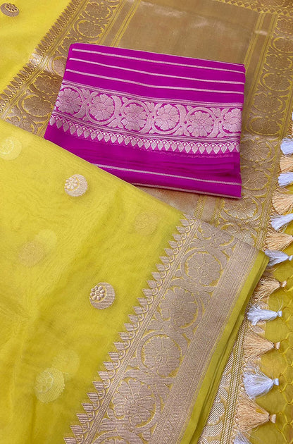 Yellow Handloom Banarasi Pure Kora Silk Chand Boota Design Saree - Luxurion World