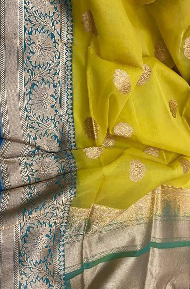 Yellow Handloom Banarasi Pure Kora Silk Saree