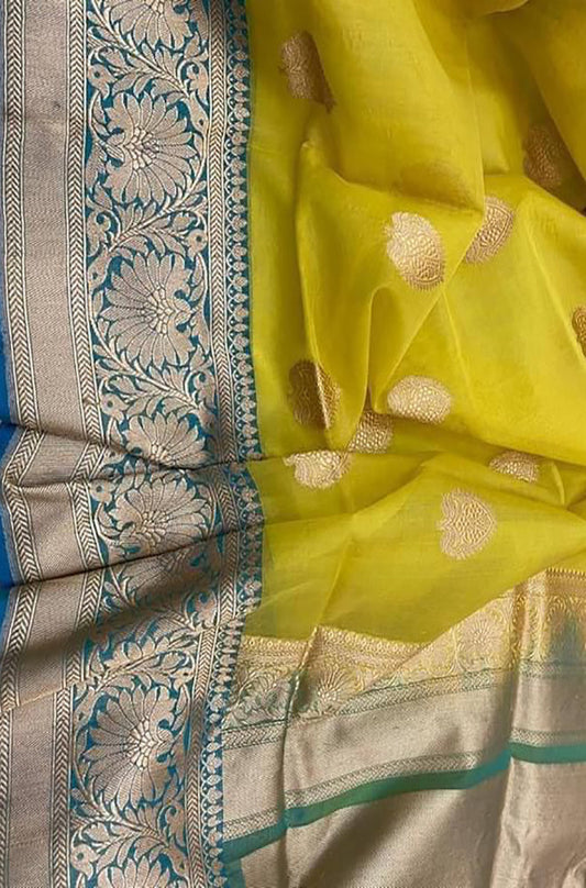 Yellow Handloom Banarasi Pure Kora Silk Saree - Luxurion World
