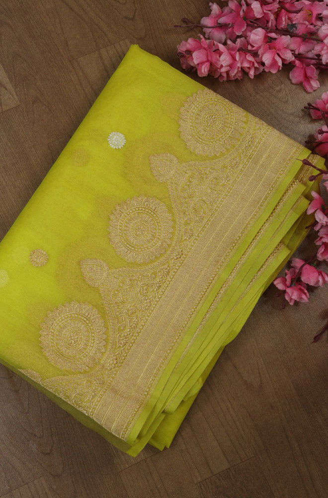 Yellow Handloom Banarasi Pure Kora Silk Saree - Luxurion World