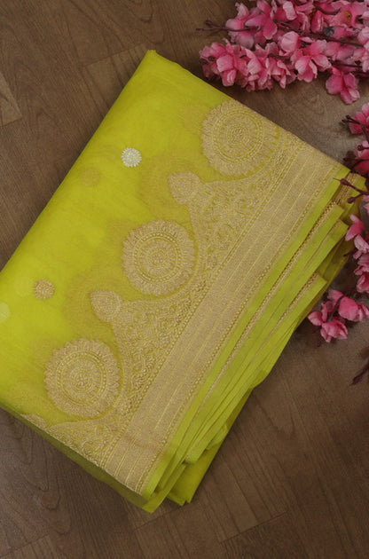 Yellow Handloom Banarasi Pure Kora Silk Saree - Luxurion World