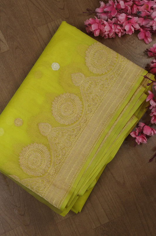 Yellow Handloom Banarasi Pure Kora Silk Saree - Luxurion World
