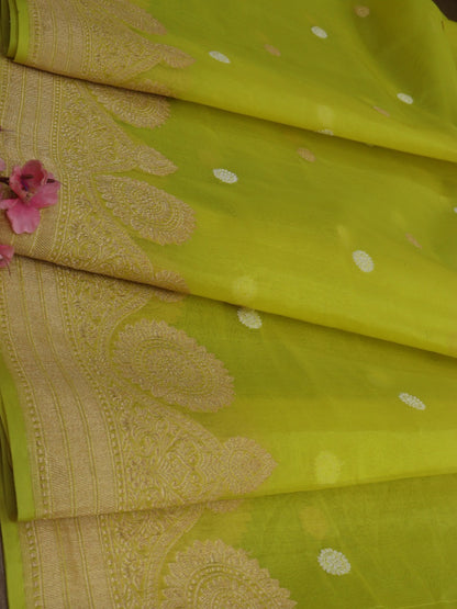 Yellow Handloom Banarasi Pure Kora Silk Saree - Luxurion World