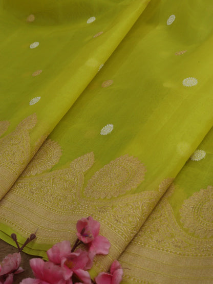 Yellow Handloom Banarasi Pure Kora Silk Saree - Luxurion World