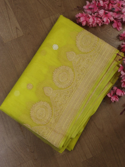 Yellow Handloom Banarasi Pure Kora Silk Saree - Luxurion World