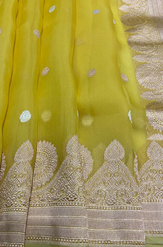 Yellow Handloom Banarasi Pure Kora Silk Saree - Luxurion World
