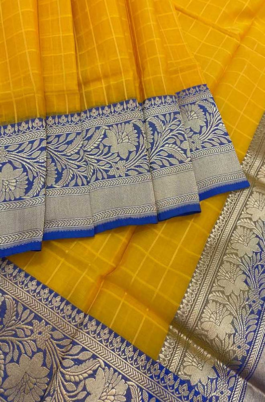 Yellow Handloom Banarasi Pure Kora Silk Checks Design Saree - Luxurion World