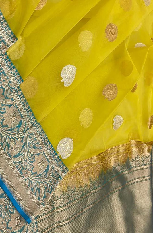 Yellow Handloom Banarasi Pure Kora Silk  Ganga Jamuna Border Saree - Luxurion World