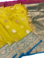 Yellow Handloom Banarasi Pure Kora Silk  Ganga Jamuna Border Saree - Luxurion World